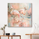 Canvas Schilderijen Twee flamingo's lopen op water