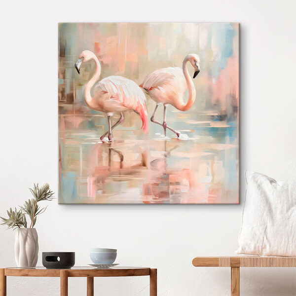 Twee flamingo's lopen op water Canvas Schilderijen Twee flamingo's lopen op water