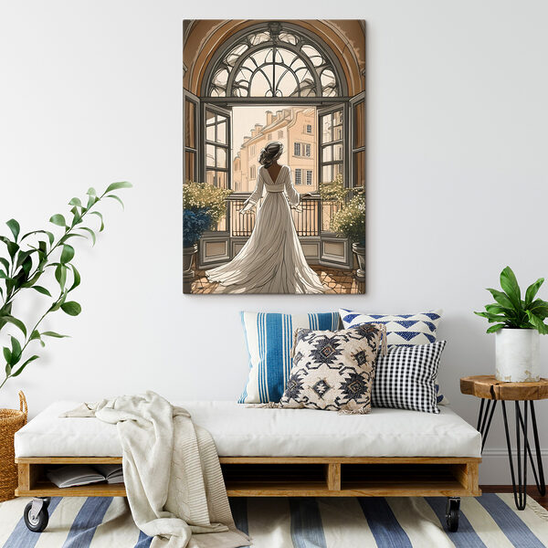 Vrouw in een witte jurk kijkt uit een raam Canvas Schilderijen Vrouw in een witte jurk kijkt uit een raam