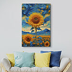 Canvas Schilderijen Zonnebloem met blauwe en gele bladeren