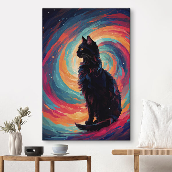 Kat zittend voor een kleurrijke werveling Canvas Schilderijen Kat zittend voor een kleurrijke werveling