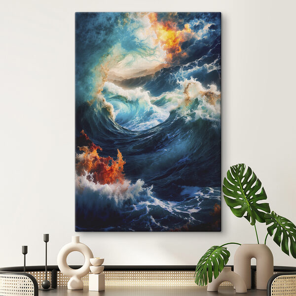 Grote golven met vuur en rook Canvas Schilderijen Grote golven met vuur en rook