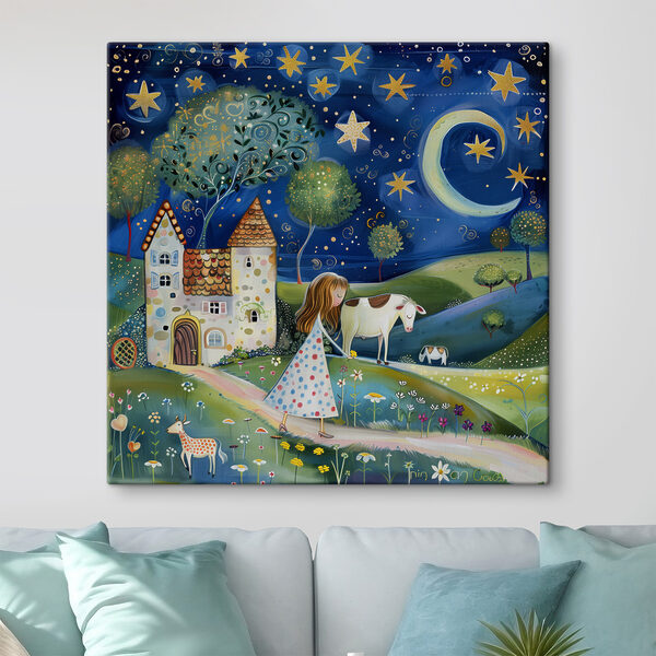 Meisje wandelend op een pad met een koe en een huis Canvas Schilderijen Meisje wandelend op een pad met een koe en een huis