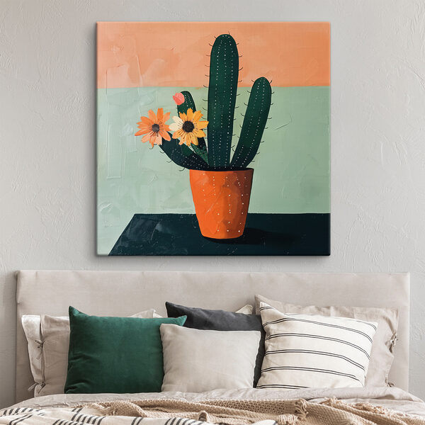Schilderij van een cactus met bloemen in een pot Canvas Schilderijen Schilderij van een cactus met bloemen in een pot