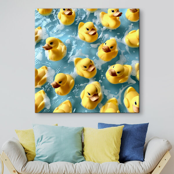Groep gele badeendjes in een zwembad Canvas Schilderijen Groep gele badeendjes in een zwembad
