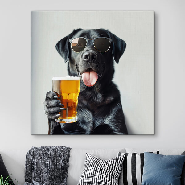 Hond met zonnebril en glas bier in de hand Canvas Schilderijen Hond met zonnebril en glas bier in de hand