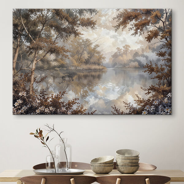 Rivier met bomen en struiken Canvas Schilderijen Rivier met bomen en struiken