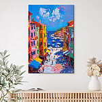 Canvas Schilderijen Schilderij van een stad met boten en mensen