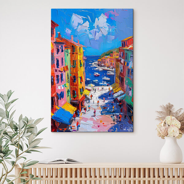 Schilderij van een stad met boten en mensen Canvas Schilderijen Schilderij van een stad met boten en mensen