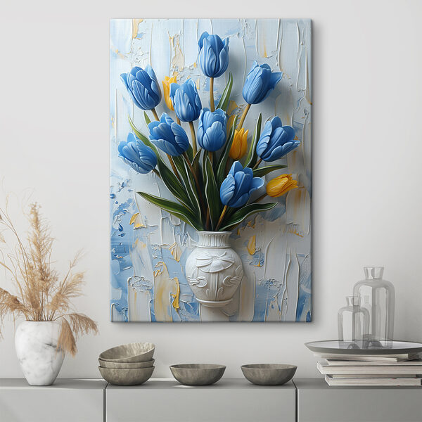 Vaas met blauwe tulpen Canvas Schilderijen Vaas met blauwe tulpen