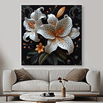 Canvas Schilderijen Witte en oranje bloemen op een zwarte achtergrond