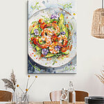 Canvas Schilderijen Aquarel van een bord garnalen en avocado