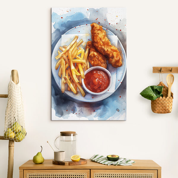 Bordje kipreepjes en friet Canvas Schilderijen Bordje kipreepjes en friet