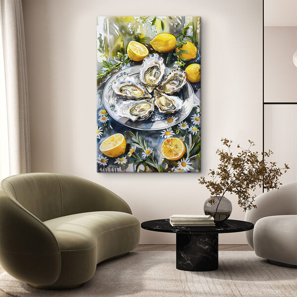 Bord oesters en citroenen Canvas Schilderijen Bord oesters en citroenen