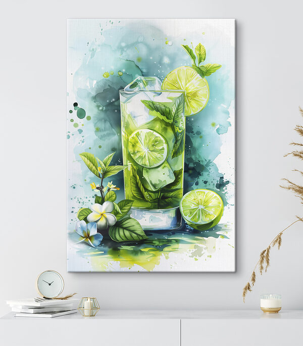 Aquarel van een drankje met limoenen en bladeren Canvas Schilderijen Aquarel van een drankje met limoenen en bladeren