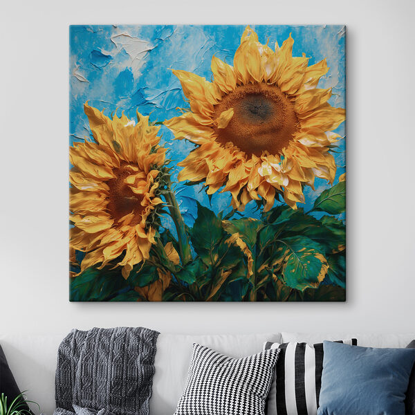 Zonnebloemen bloeien tegen een blauwe achtergrond Canvas Schilderijen Zonnebloemen bloeien tegen een blauwe achtergrond