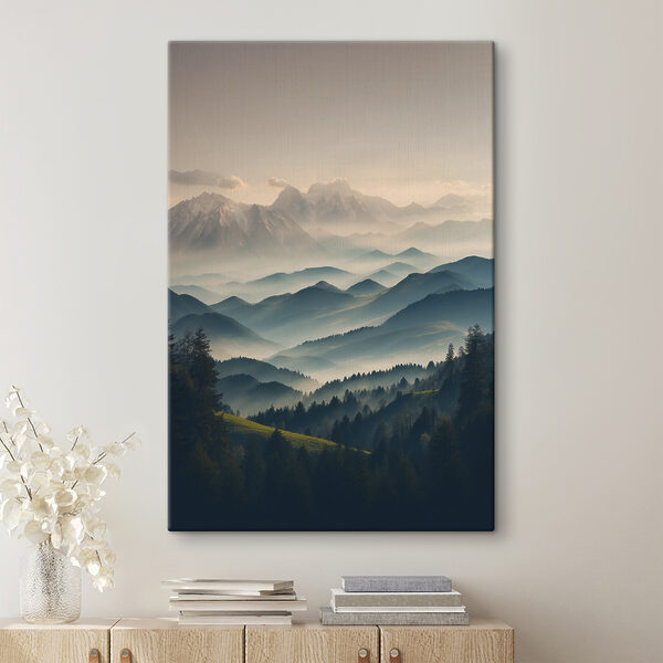 Bergketen met bomen en mist Canvas Schilderijen Bergketen met bomen en mist