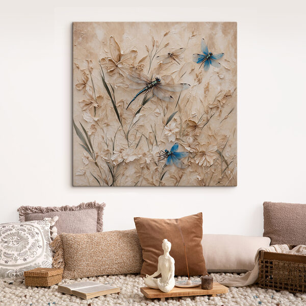 Libellen en bloemen op een muur Canvas Schilderijen Libellen en bloemen op een muur
