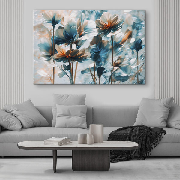 Groep bloemen met blauwe en witte bloemblaadjes Canvas Schilderijen Groep bloemen met blauwe en witte bloemblaadjes