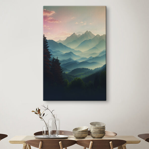 Bergketen met bomen en wolken Canvas Schilderijen Bergketen met bomen en wolken