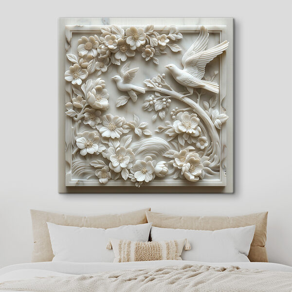 Wit beeld van vogels en bloemen Canvas Schilderijen Wit beeld van vogels en bloemen