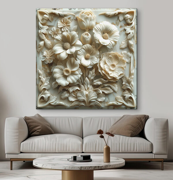 Snijwerk van witte bloemen op een marmeren oppervlak Canvas Schilderijen Snijwerk van witte bloemen op een marmeren oppervlak