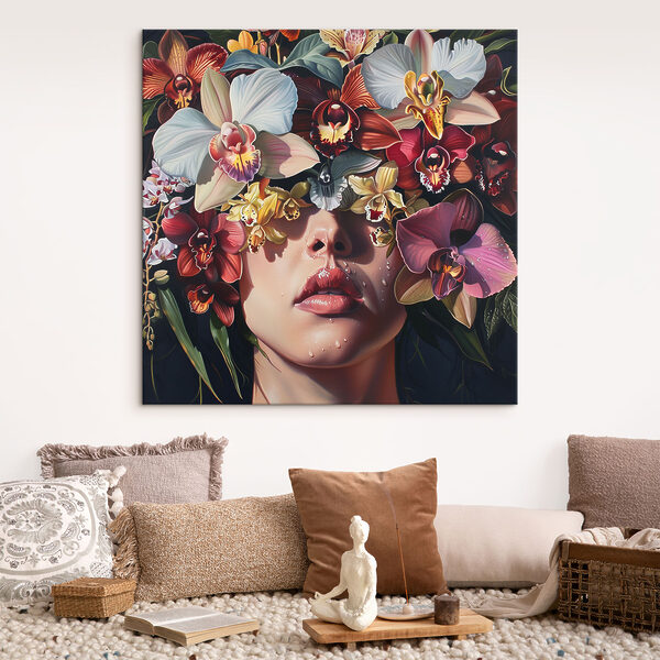 Schilderij van een vrouw met bloemen op haar hoofd Canvas Schilderijen Schilderij van een vrouw met bloemen op haar hoofd