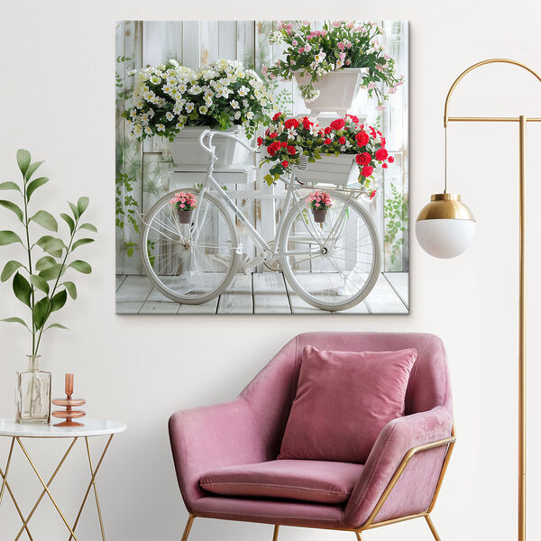 Fiets met bloemen in manden Canvas Schilderijen Fiets met bloemen in manden
