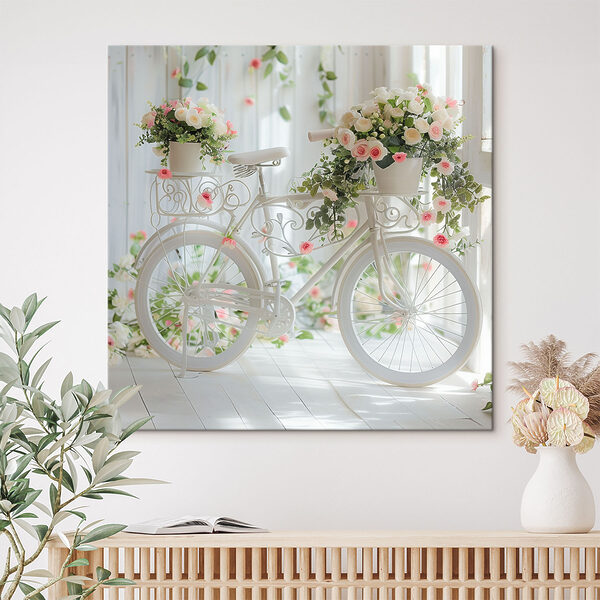 Witte fiets met bloemen erop Canvas Schilderijen Witte fiets met bloemen erop