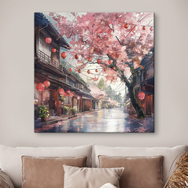 Straat met roze lantaarns en bomen Canvas Schilderijen Straat met roze lantaarns en bomen