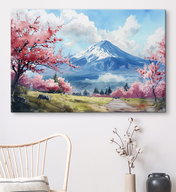 Berg met roze bloemen Canvas Schilderijen Berg met roze bloemen