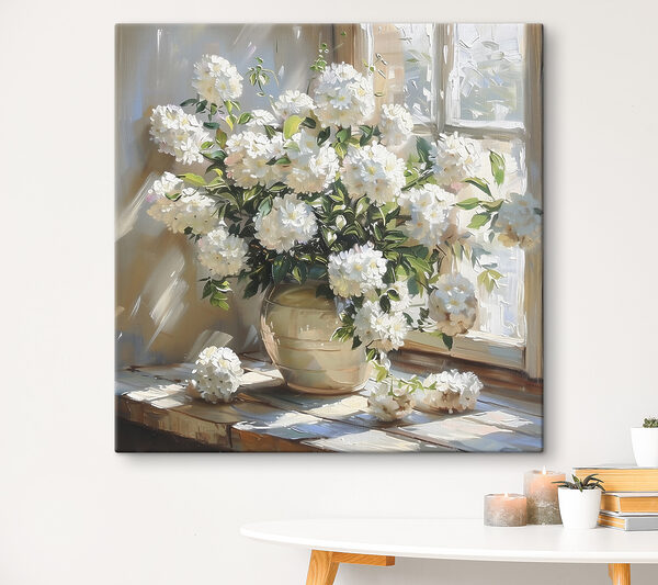 Vaas met witte bloemen voor een raam Canvas Schilderijen Vaas met witte bloemen voor een raam