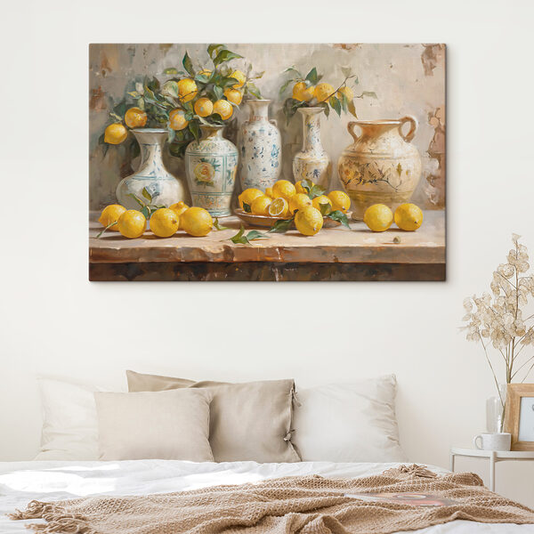 Schilderij van citroenen en vazen op een tafel Canvas Schilderijen Schilderij van citroenen en vazen op een tafel