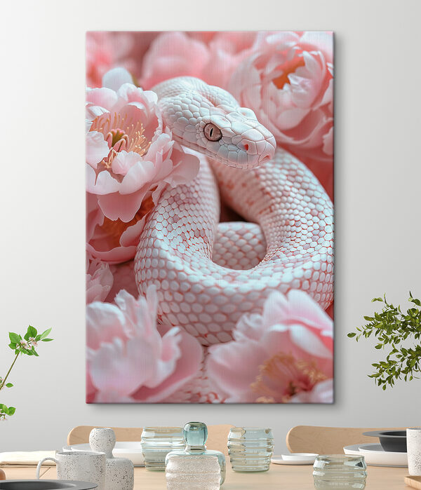 Witte slang in roze bloemen Canvas Schilderijen Witte slang in roze bloemen