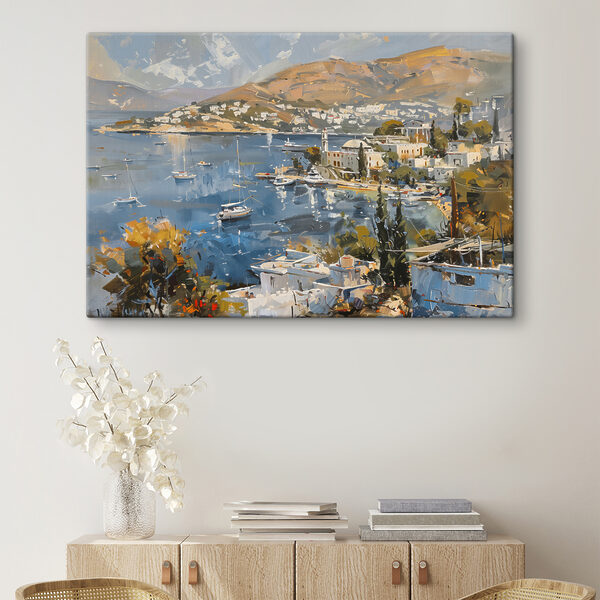 Schilderij van een stad en een waterlichaam Canvas Schilderijen Schilderij van een stad en een waterlichaam