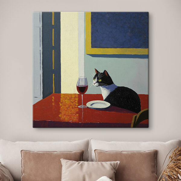 Kat zittend aan een tafel met een bord en een plaat Canvas Schilderijen Kat zittend aan een tafel met een bord en een plaat
