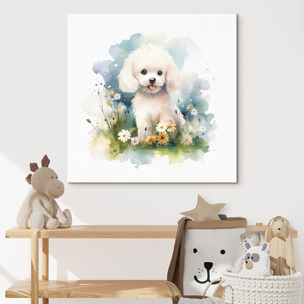 Witte hond zittend in een veld vol bloemen Canvas Schilderijen Witte hond zittend in een veld vol bloemen