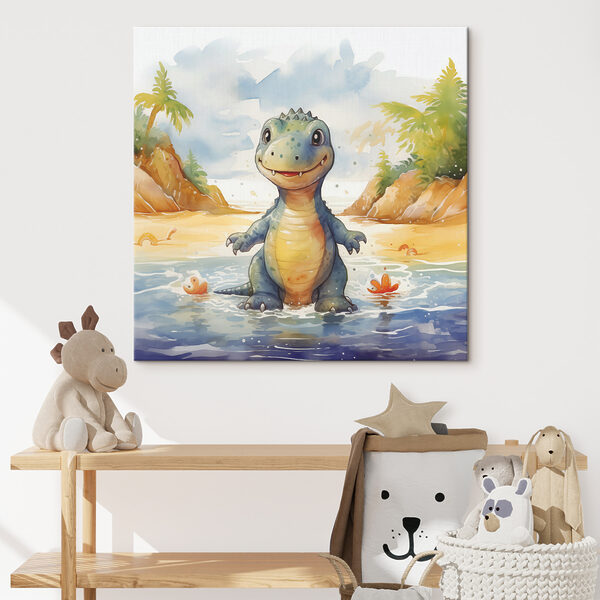 Cartoon van een dinosaurus in water Canvas Schilderijen Cartoon van een dinosaurus in water