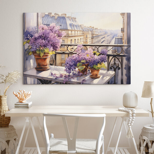 Aquarel van een balkon met paarse bloemen Canvas Schilderijen Aquarel van een balkon met paarse bloemen