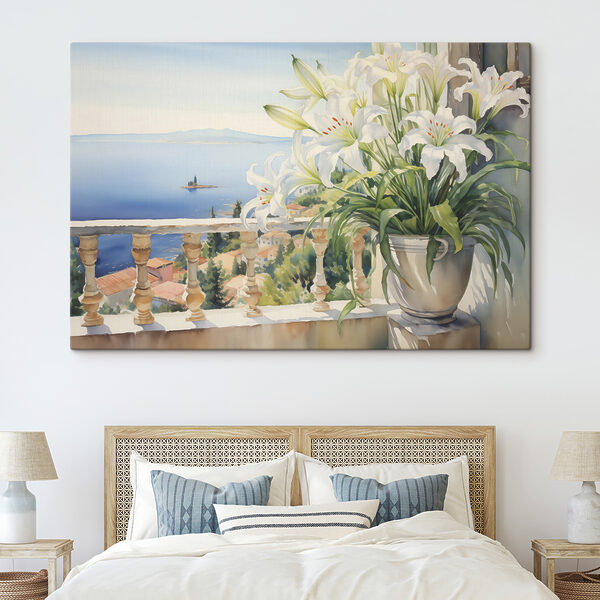Schilderij van een balkon met uitzicht op een stad en een zee Canvas Schilderijen Schilderij van een balkon met uitzicht op een stad en een zee