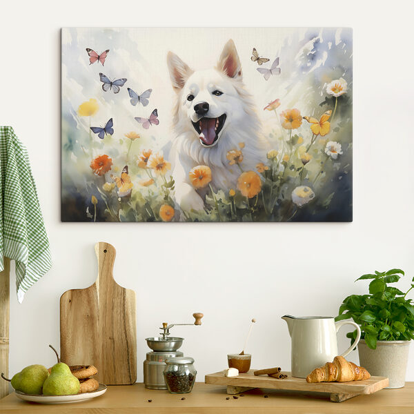 Witte hond met vlinders in een bloemenveld Canvas Schilderijen Witte hond met vlinders in een bloemenveld