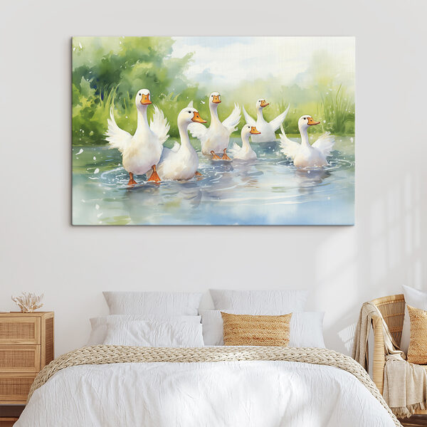 Groep witte eenden zwemmend in water Canvas Schilderijen Groep witte eenden zwemmend in water