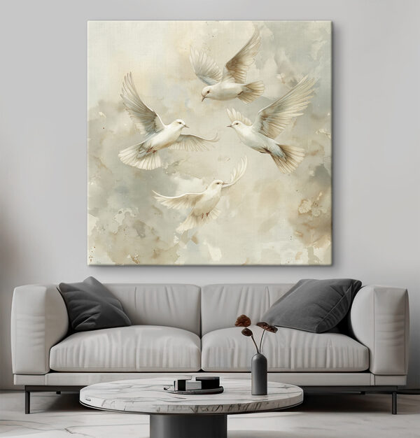 Groep witte vogels vliegend in de lucht Canvas Schilderijen Groep witte vogels vliegend in de lucht