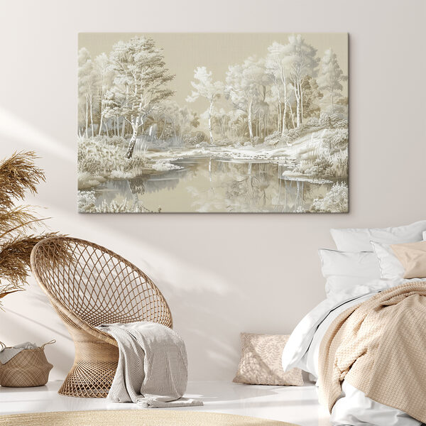 Rivier met bomen en sneeuw Canvas Schilderijen Rivier met bomen en sneeuw