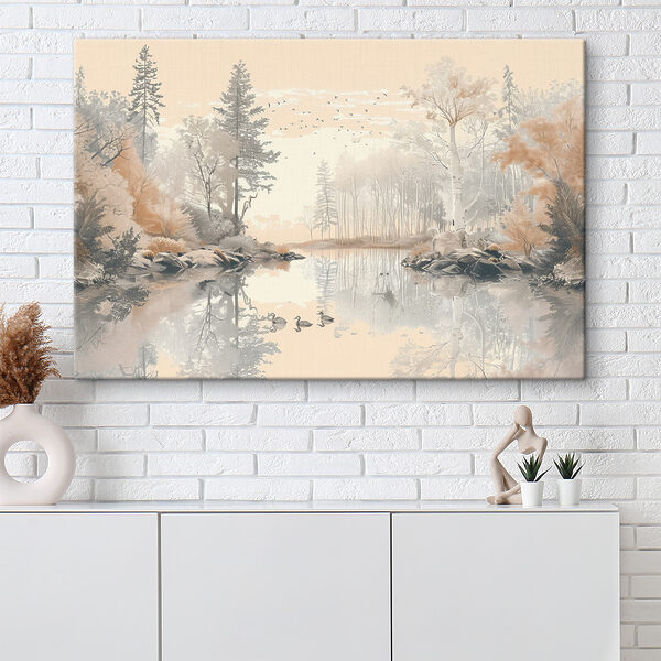 Meer met bomen en vogels Canvas Schilderijen Meer met bomen en vogels