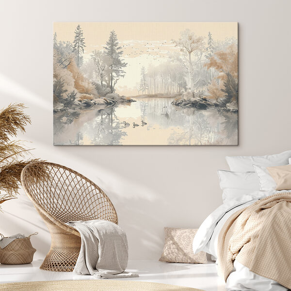 Canvas Schilderijen Meer met bomen en vogels