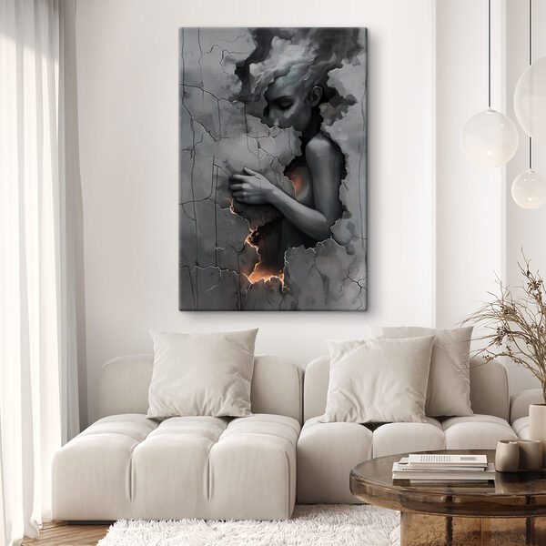 Canvas Schilderijen Vrouw met haar gezicht in een muur