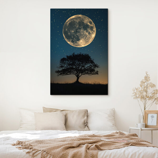Boom en maan aan de hemel Canvas Schilderijen Boom en maan aan de hemel