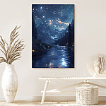 Canvas Schilderijen Rivier met bomen en sterren aan de hemel