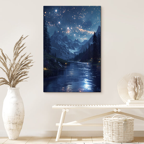 Rivier met bomen en sterren aan de hemel Canvas Schilderijen Rivier met bomen en sterren aan de hemel